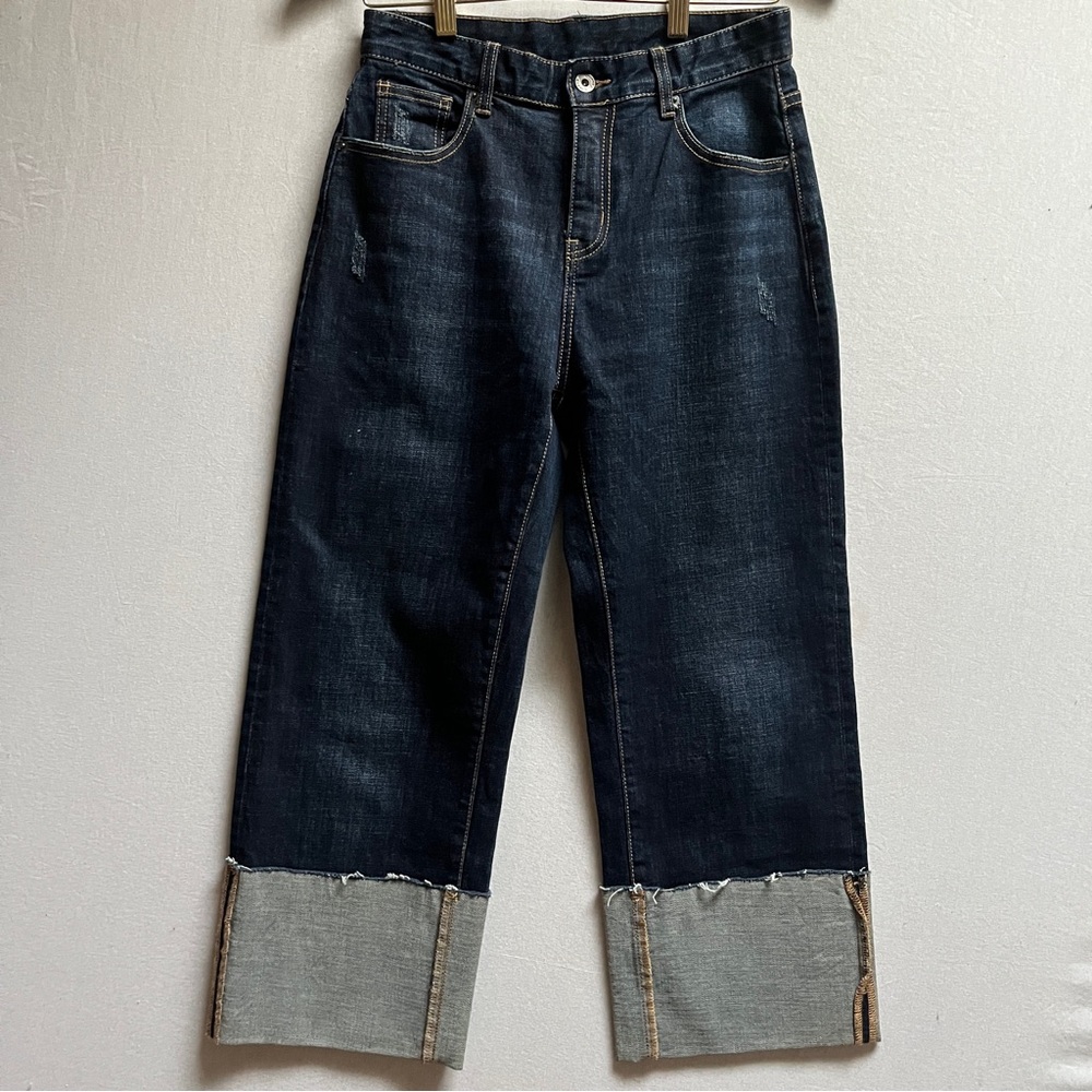 Boutique Dark Wash Wide Leg Cropped Jeans Oversized Cuff Raw Hem Sz S